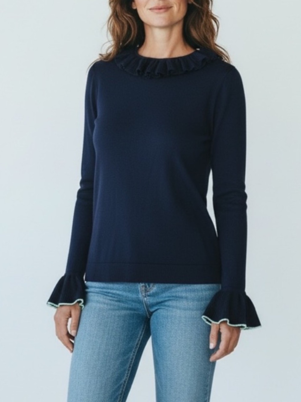 Boden Navy Ruffle Neck & Fluted Sleeve Sweater Size 4
